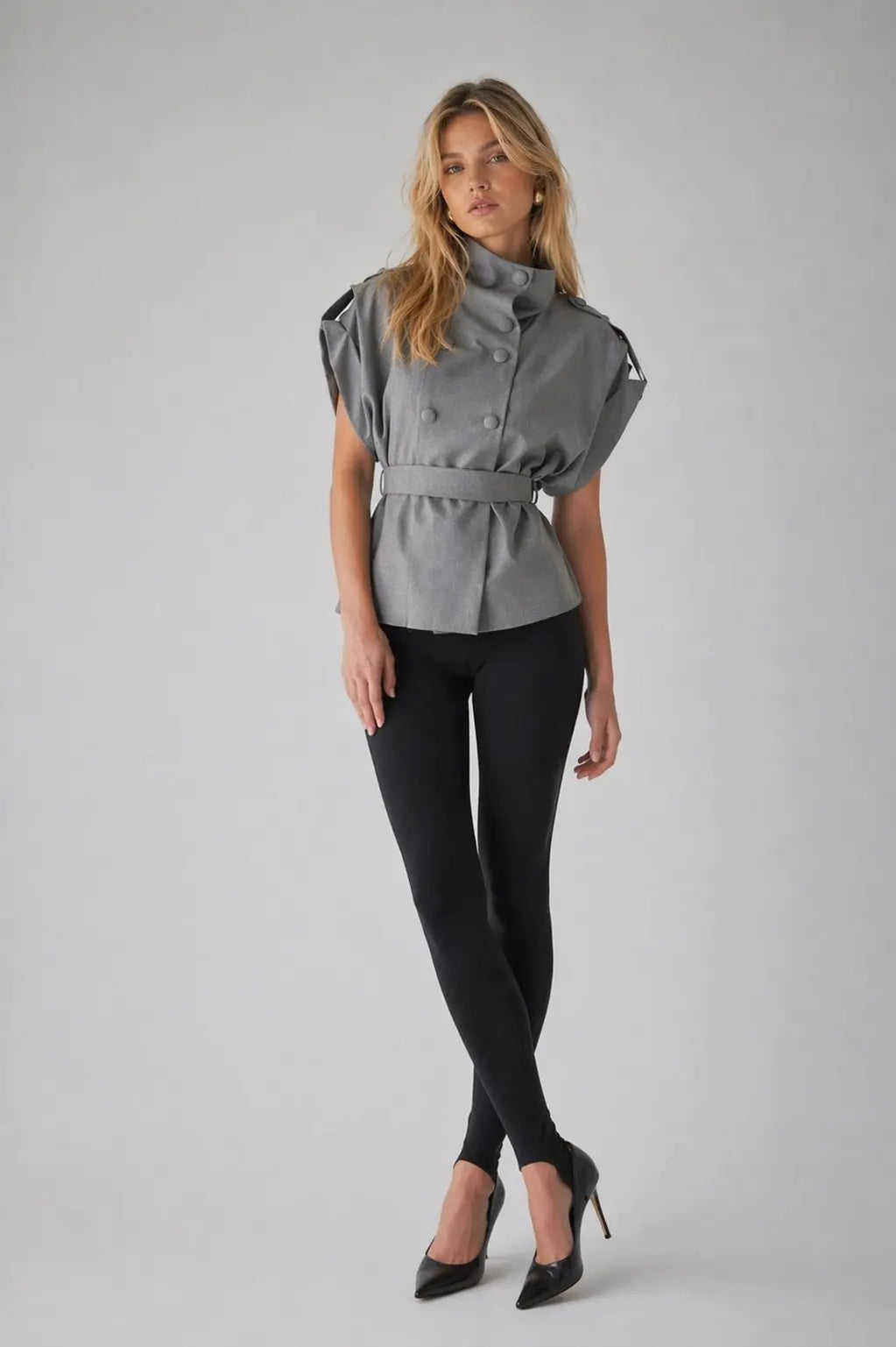 Structured High-Neck Tailored Vest with Belt