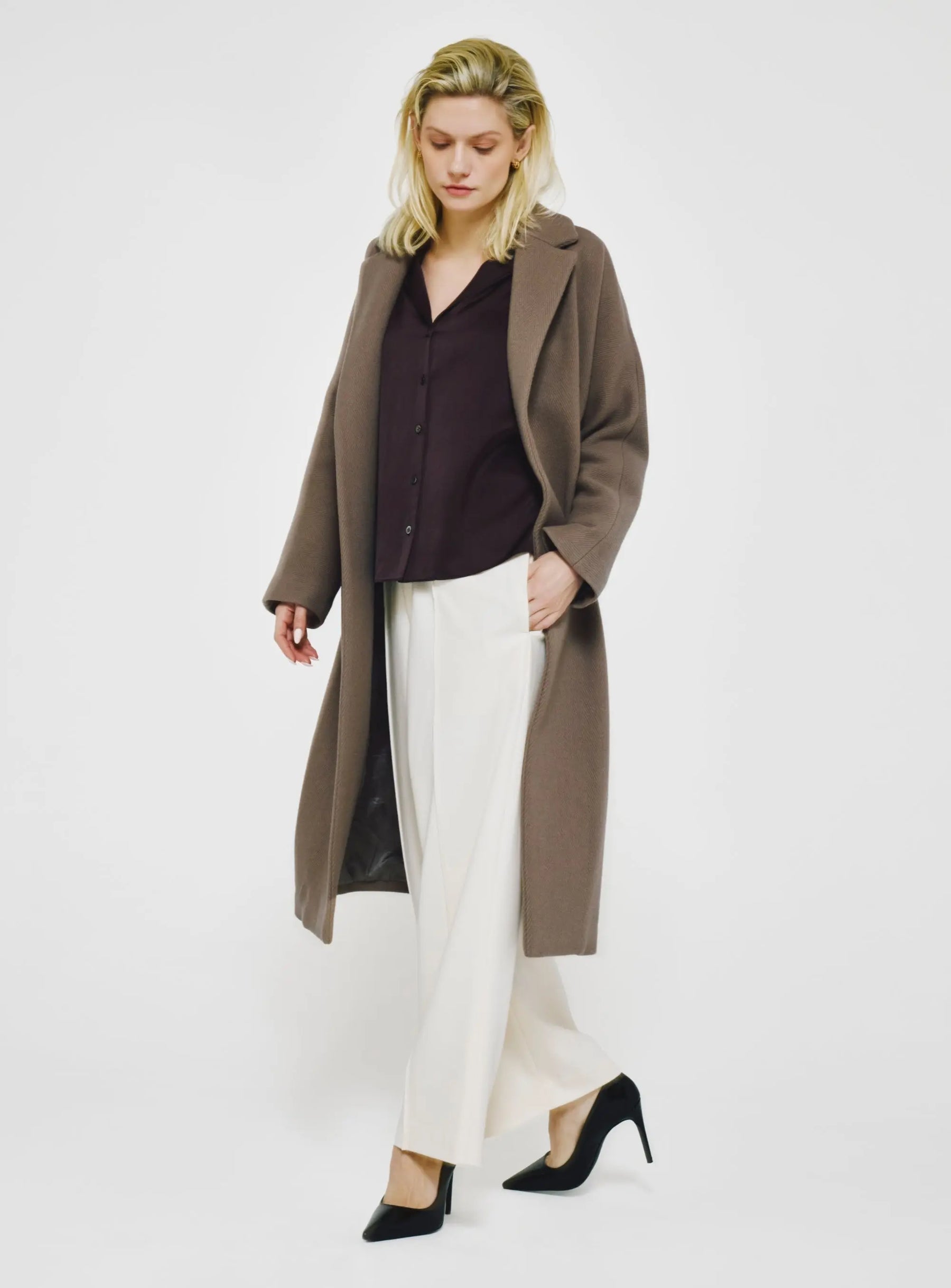 Herringbone Virgin Wool Wrap Coat