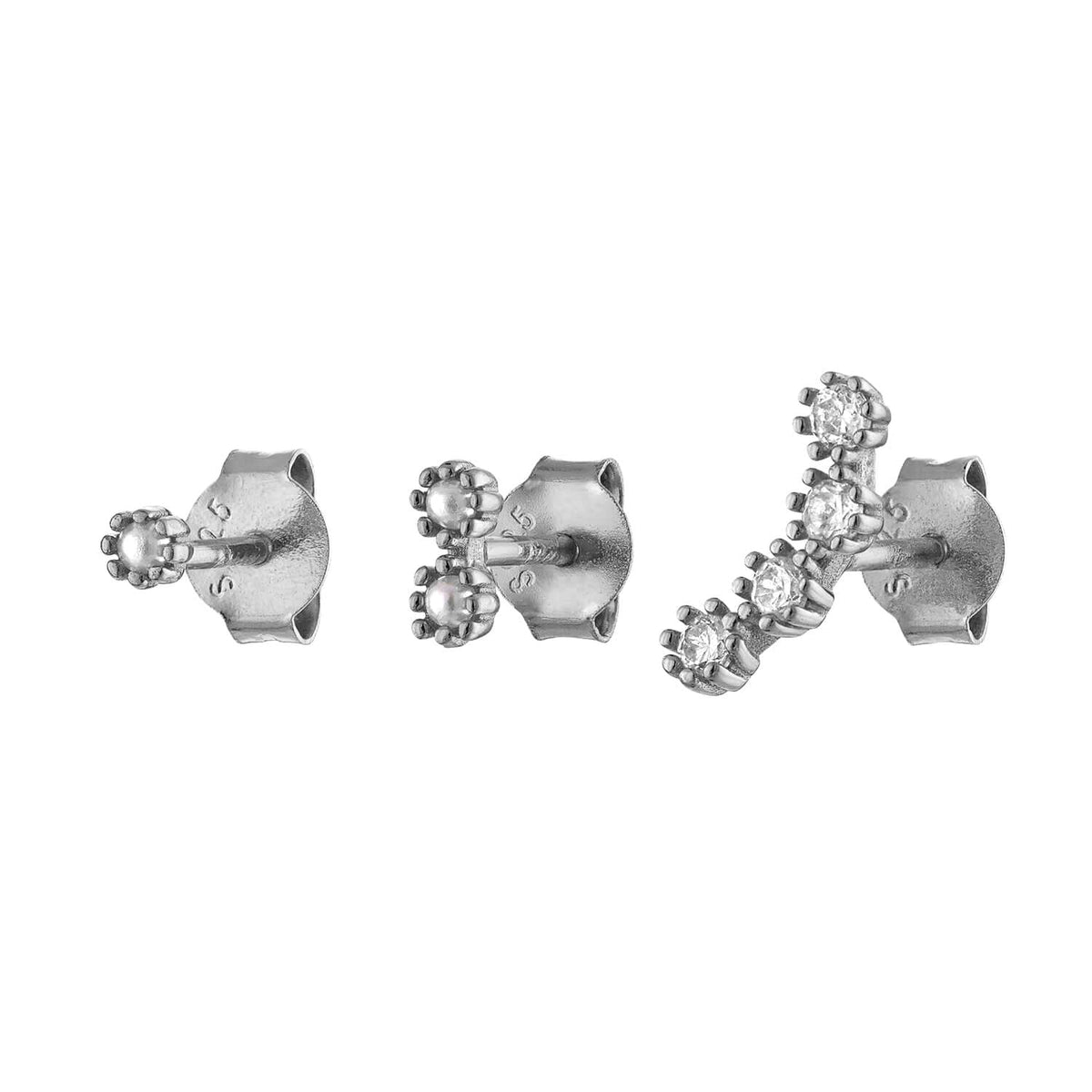 3 Flower Climber Silver Earring Stud Set with Pave Pearl