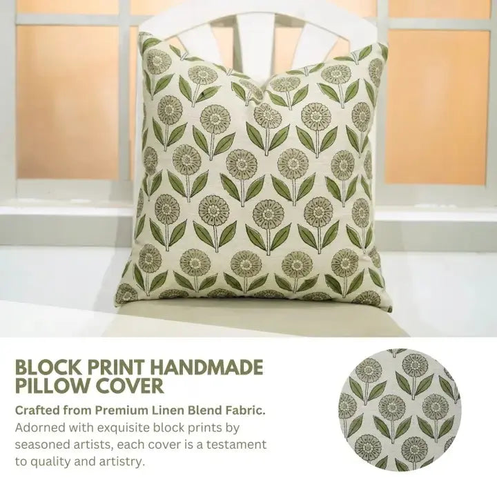 Natural Printed Linen Blend Pillow Cover - Genda Pushp