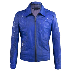 Vibrant blue leather jacket with paint splatter details