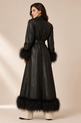 Black Textured Leather Trench Coat with Feather-Style Fur Trim