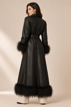 Black Textured Leather Trench Coat with Feather-Style Fur Trim