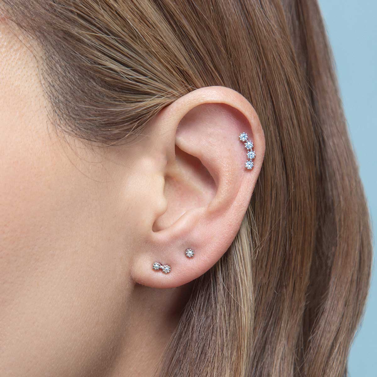 3 Flower Climber Silver Earring Stud Set with Pave Pearl