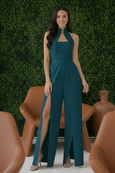 Teal High-collar Slit-leg Jumpsuit