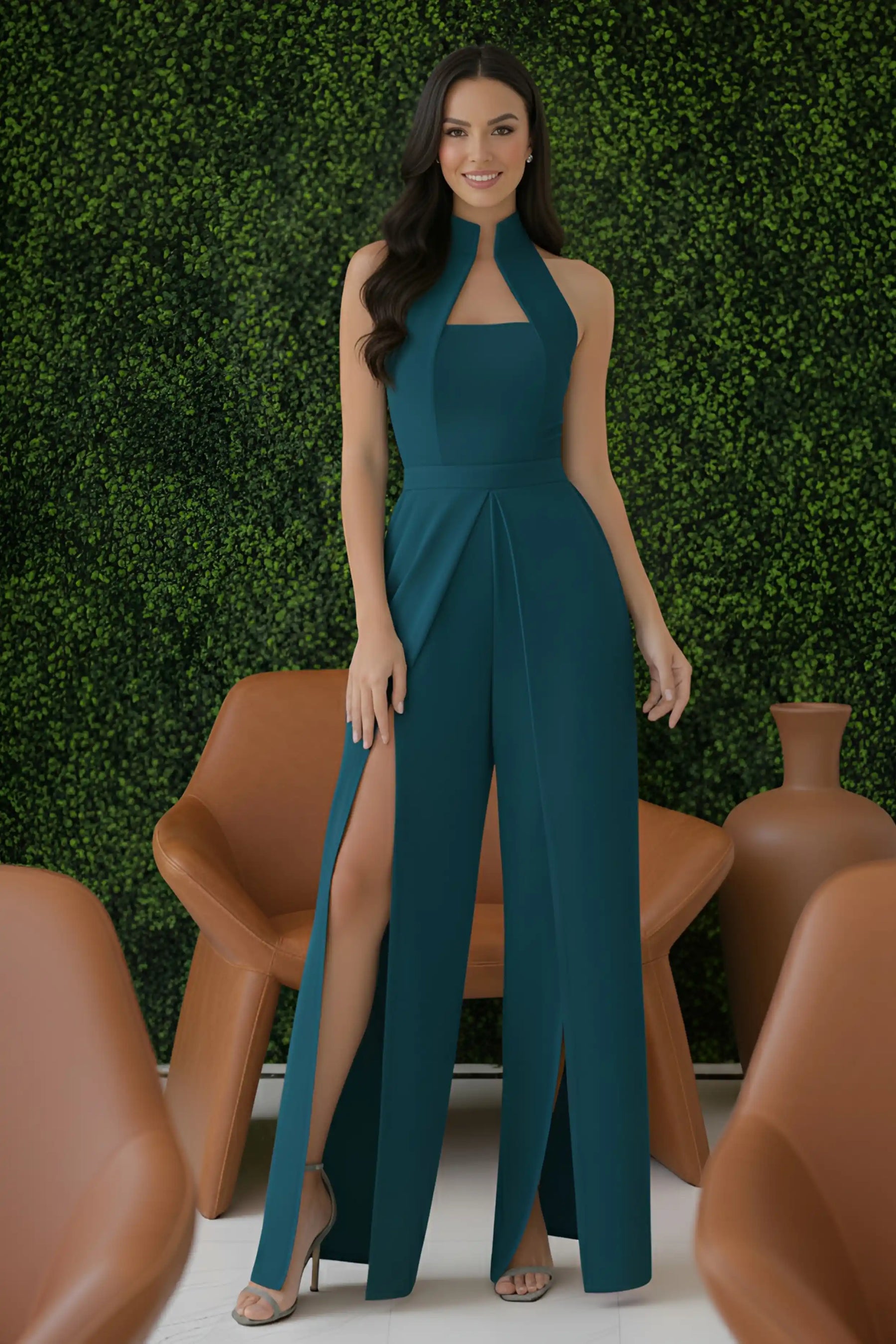 Teal High-collar Slit-leg Jumpsuit