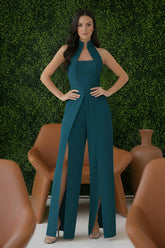 Teal High-collar Slit-leg Jumpsuit
