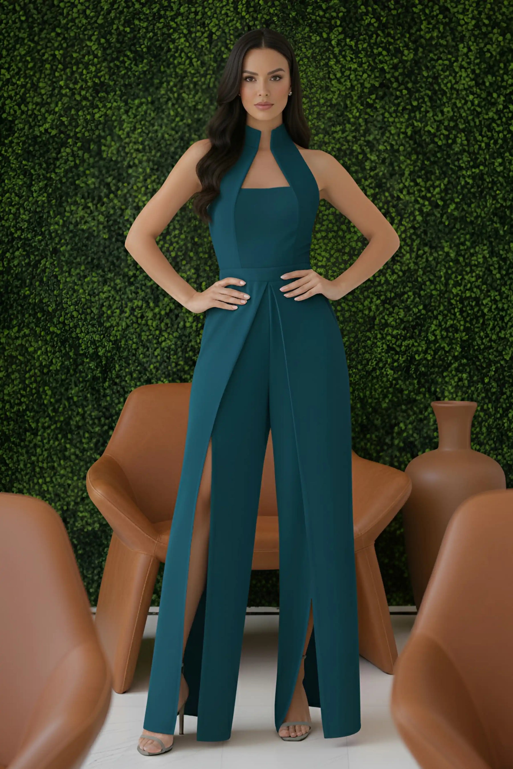 Teal High-collar Slit-leg Jumpsuit