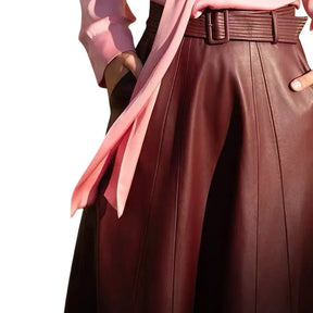Genuine Sheep Leather Belted Midi Skirt
