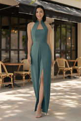 Sea-green High-collar Slit-leg Jumpsuit