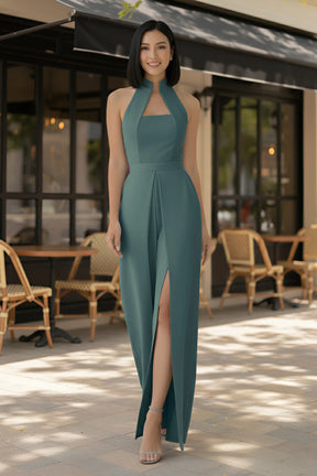 Sea-green High-collar Slit-leg Jumpsuit