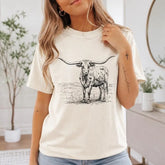Texas Longhorn Cattle Landscape Graphic T-Shirt | Ivory Western Country Cotton Tee