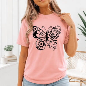 Floral Butterfly Split Wings Graphic T-Shirt | Light Pink Botanical Nature Cotton Tee