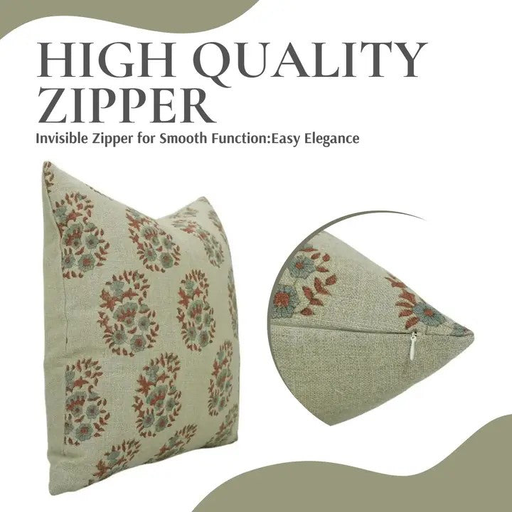 Floral Meadow Hand Block Pillow case Thick Linen - Anarkali