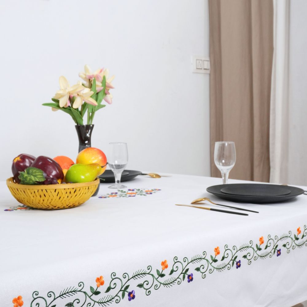 Premium Hand Floral Embroidered Cotton Tablecloth Size 76 x 56 Inches for Table Decor