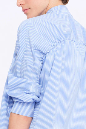Star Gathered Shoulder Blouse | Striped Light Blue