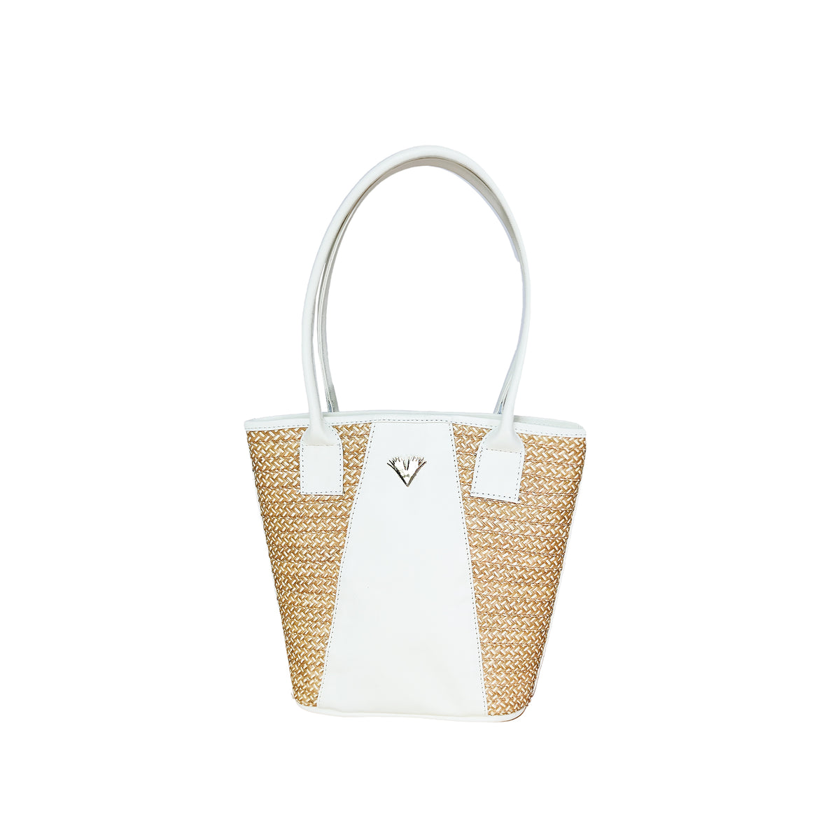 Beige Leather Tetra Tote – Handmade Medium Shoulder Bag with Palm Weave, Classic Leather Purse