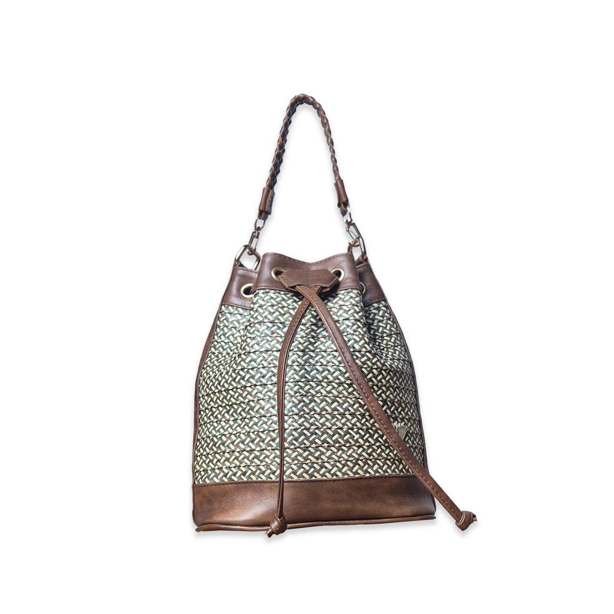 Dark Brown Leather Terra Bag – Handmade Crossbody & Handbag, Timeless Palm Weave Bucket Bag
