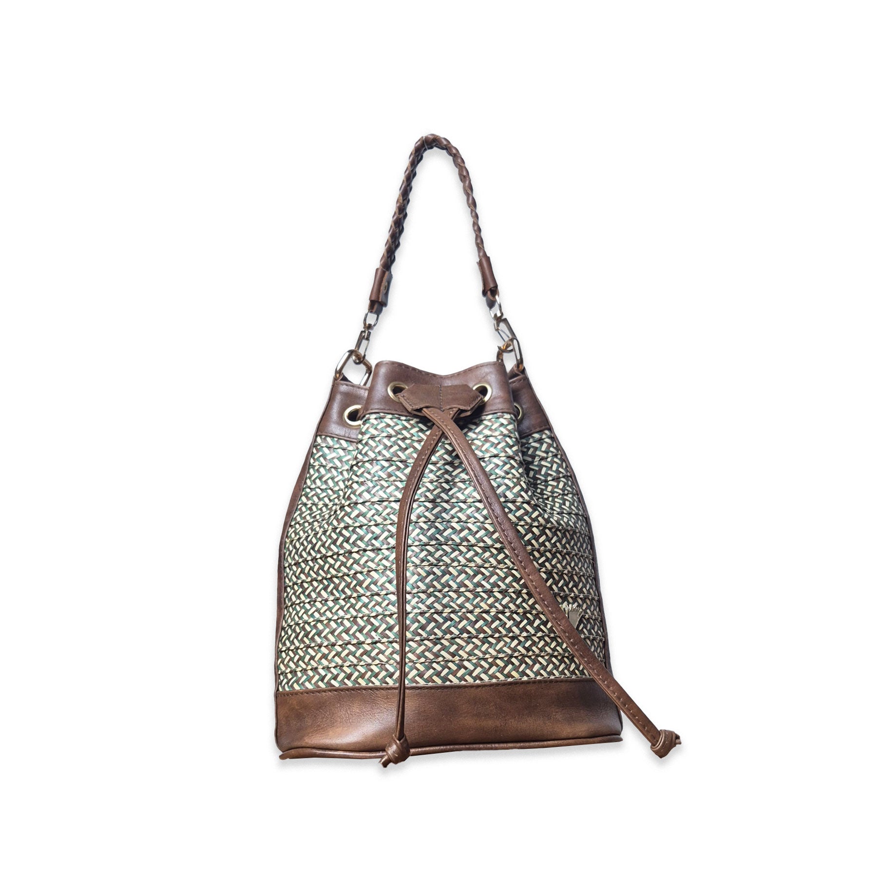 Dark Brown Leather Terra Bag – Handmade Crossbody & Handbag, Timeless Palm Weave Bucket Bag