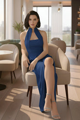 Ink Blue High-collar Slit-leg Jumpsuit