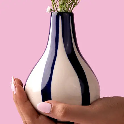Ceramic Stripe  bud vase, 3.5 x 3.5 x 4.75 Inches-  Blue
