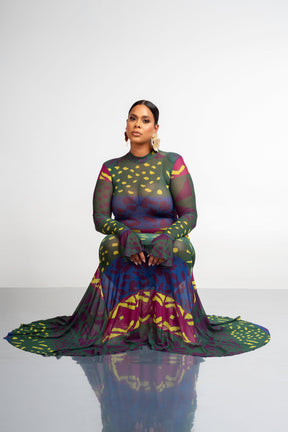 ANU GREEN LONG SLEEVE MAXI MESH DRESS