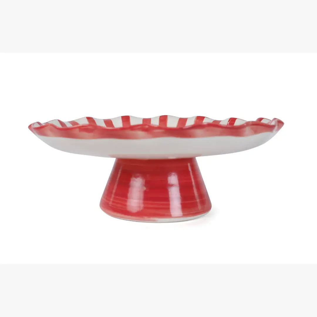 Ceramic Stripe Cake Stand,Red - 10 x 10 x 3.75 Inches