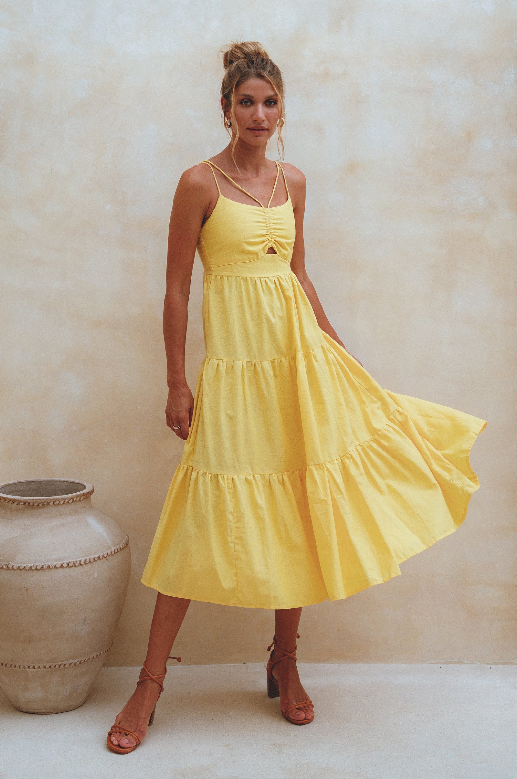 Rafaela Strappy Linen Midi Dress - Pineapple