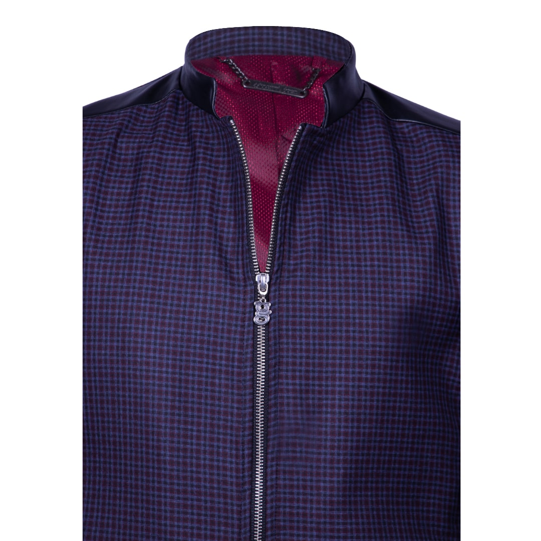 Purple checkered blazer with synthetic collar