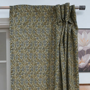 Gray Green Floral Block Print Linen Curtain Handmade Light Filtering Panel - Vanmala