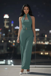 Sea-green High-collar Jumpsuit – Gold Buckle