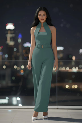 Sea-green High-collar Jumpsuit – Gold Buckle