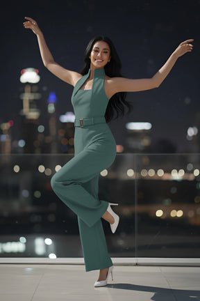 Sea-green High-collar Jumpsuit – Gold Buckle