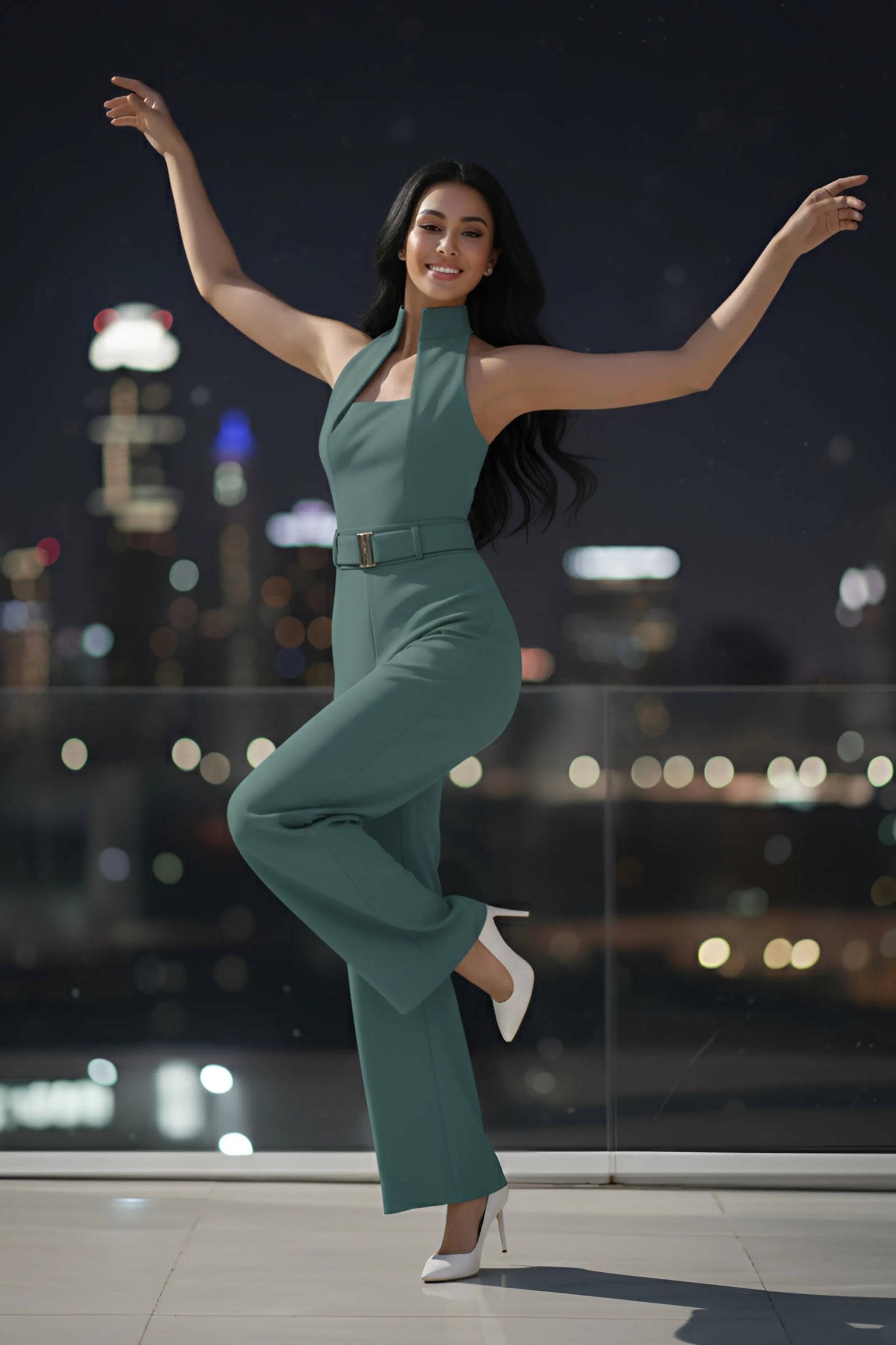 Sea-green High-collar Jumpsuit – Gold Buckle