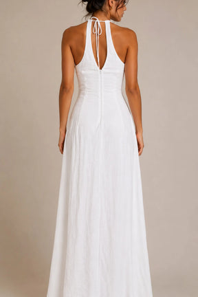 Ancestral Dawn by PASALUMAC – Halter Linen Maxi Dress with Hand-Embroidered and Painted Details