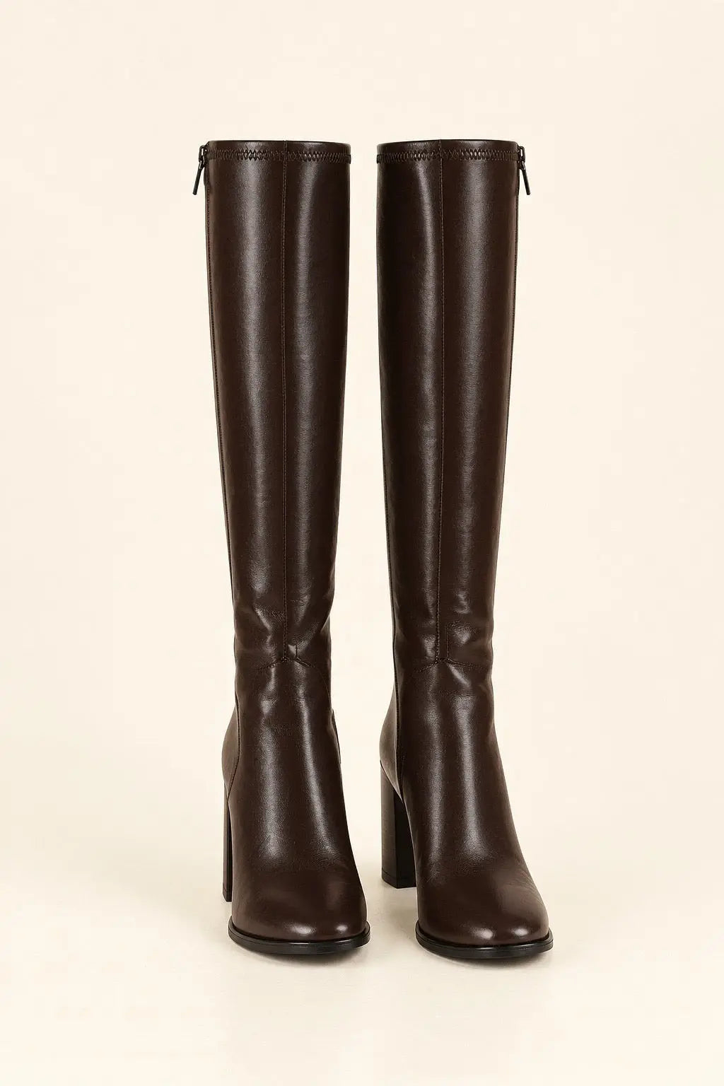 Dark Brown Leather Knee-High Boots with Block Heels