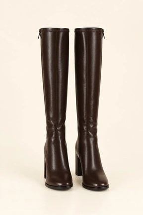 Dark Brown Leather Knee-High Boots with Block Heels