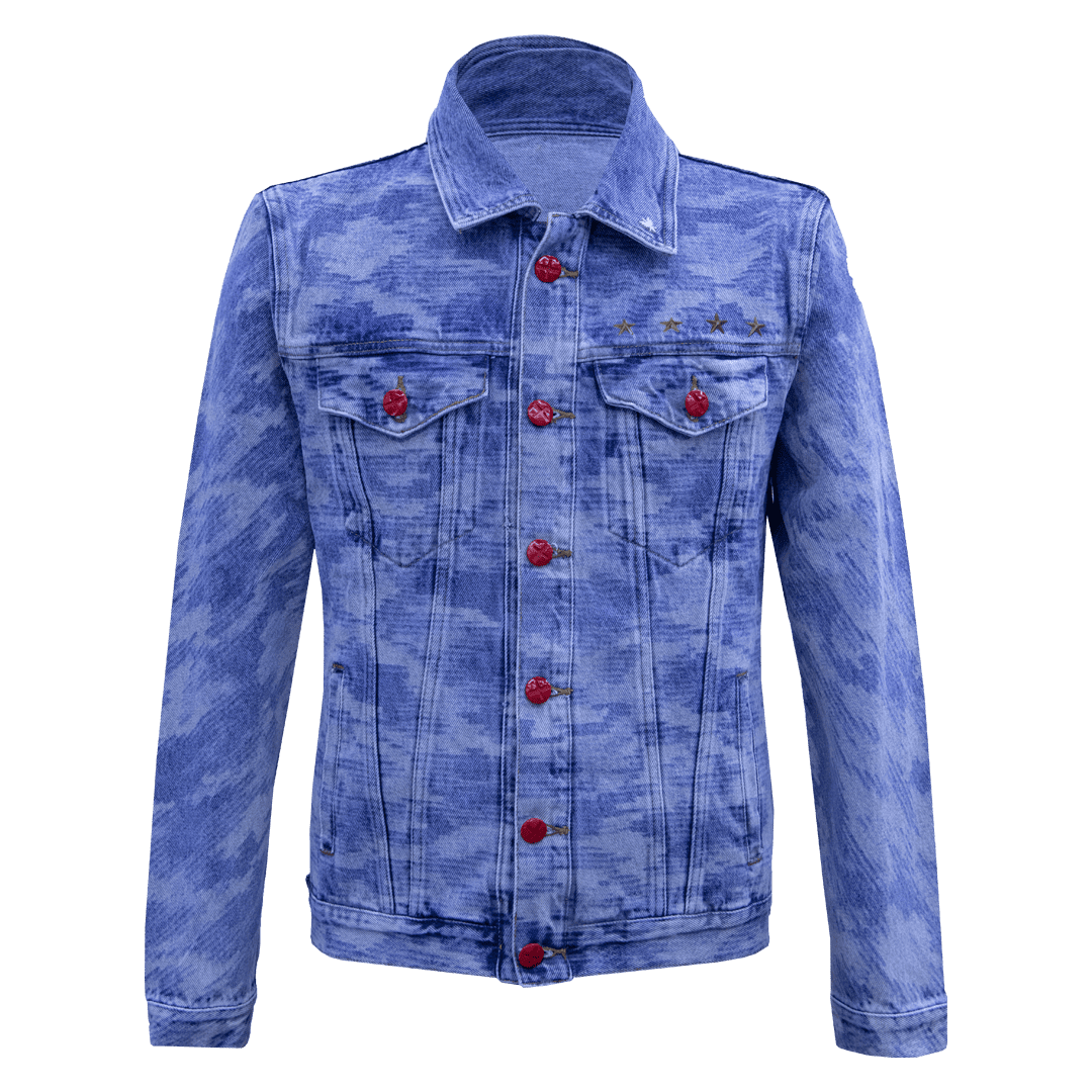 Classic camo denim jacket with red buttons