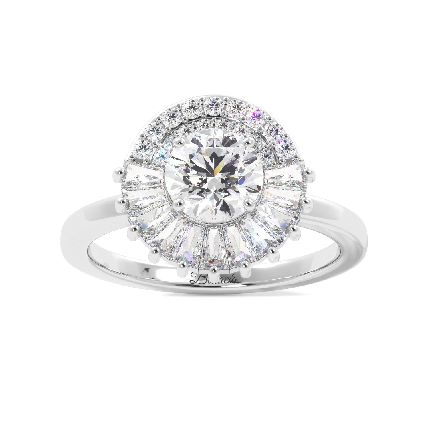 Round Tapered Baguette Halo Diamond Engagement Ring