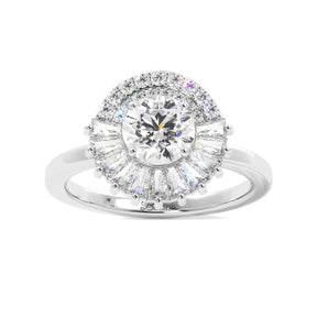 Round Tapered Baguette Halo Diamond Engagement Ring