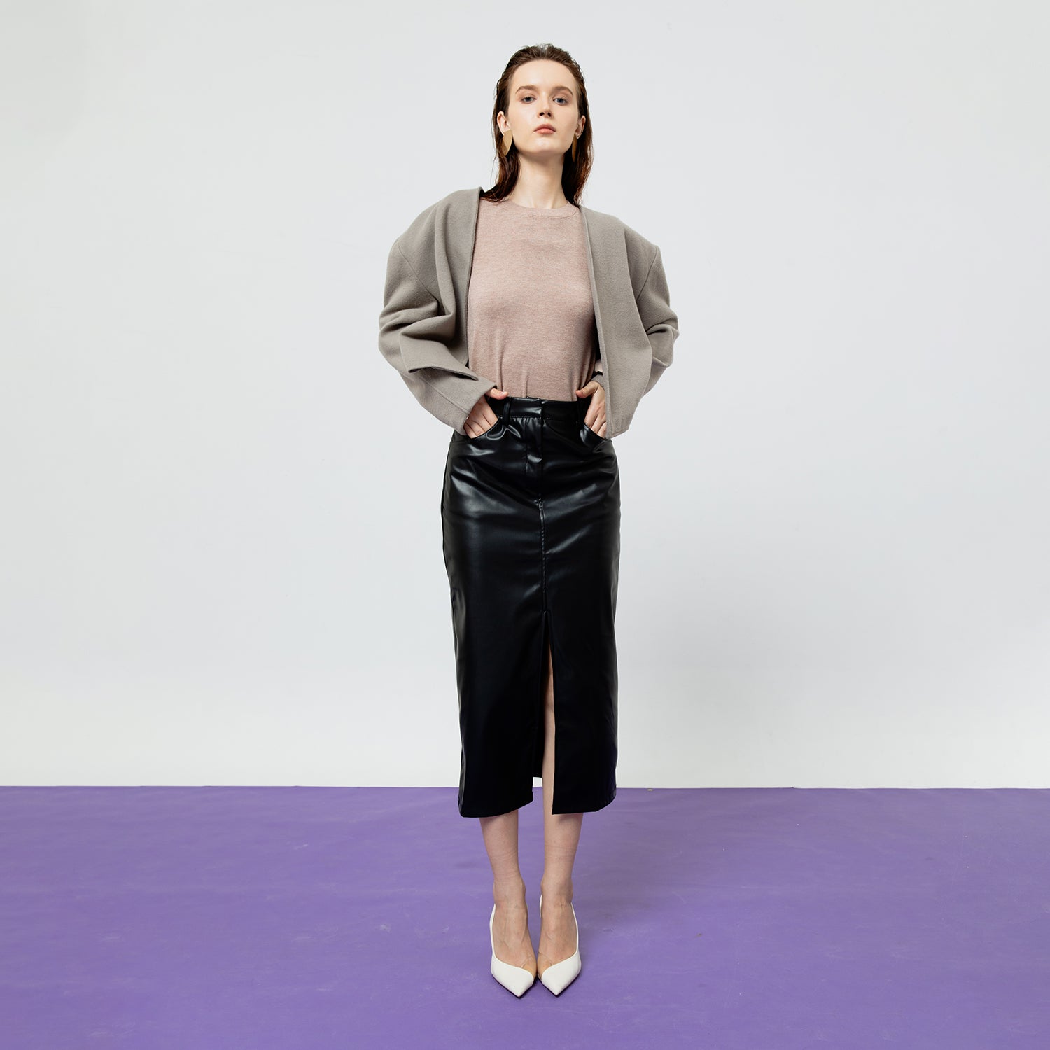 DAHLIA BLACK FAUX LEATHER MIDI SKIRT