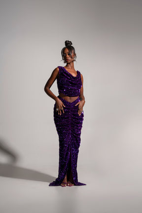 JESS Sequin Ruched Skirt in AMETHYST