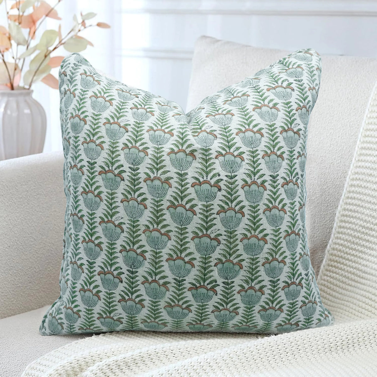 Decorative Floral Block Printed Thick Linen Piped Cushion Cover - Lotus