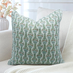 Decorative Floral Block Printed Thick Linen Piped Cushion Cover - Lotus