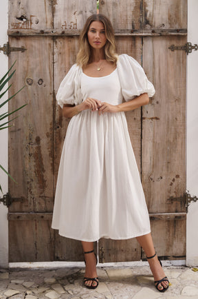 Cherie Puff Sleeve Midi Dress - Off White