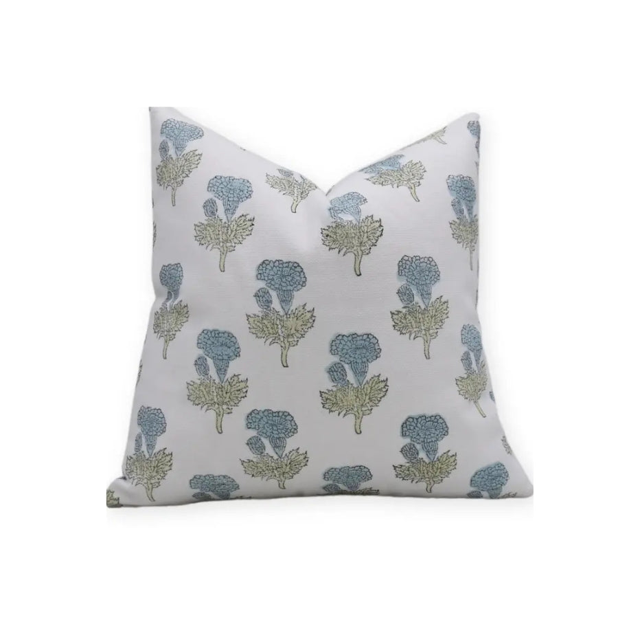 Floral Design Handmade Block Print Thick Cotton White Pillow Cover - Manmohan