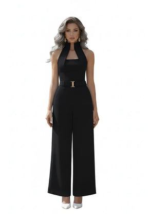 Black High-collar Jumpsuit – Gold Buckle