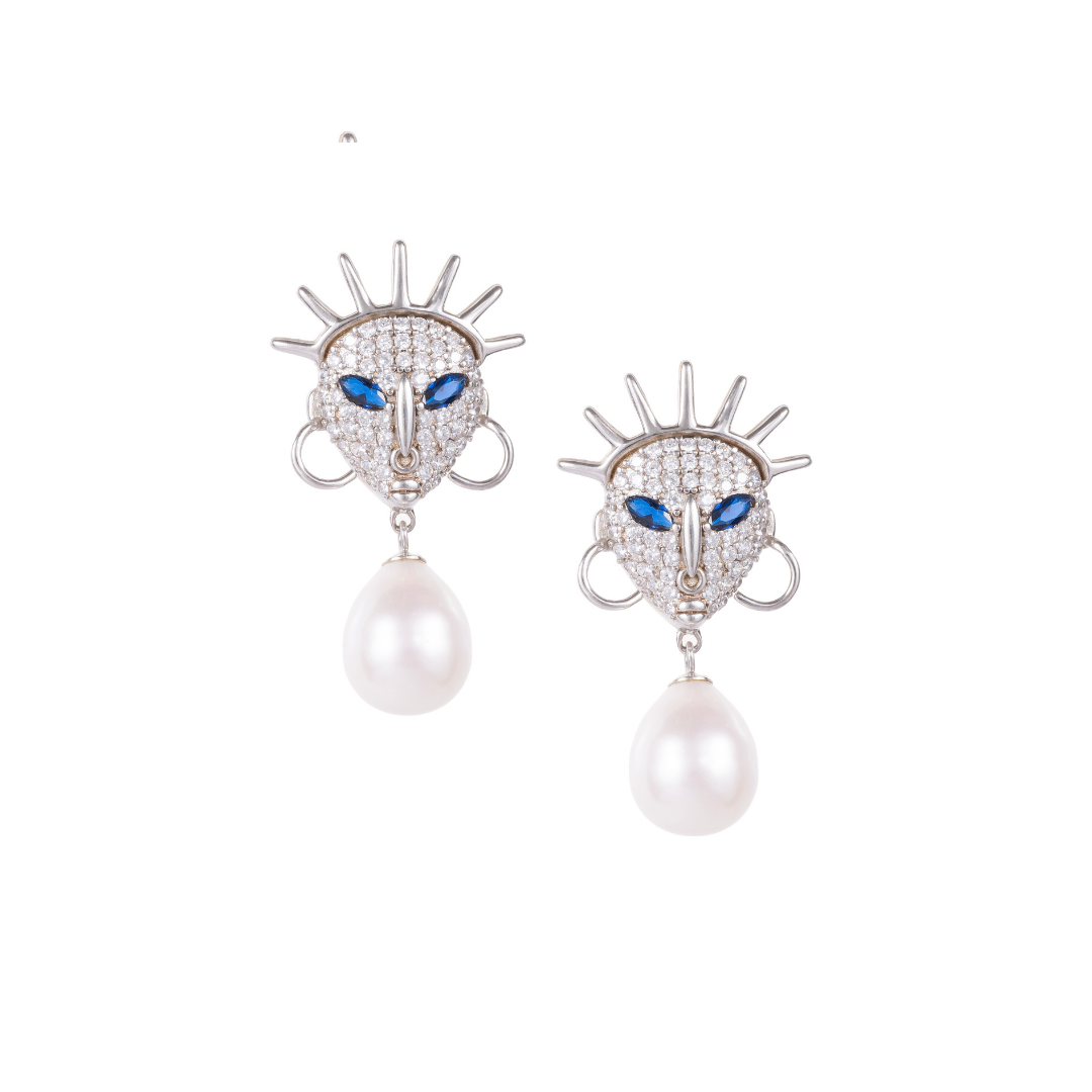 Ìdòlá Large Earrings with Gemstone Eyes and Pearl Drop