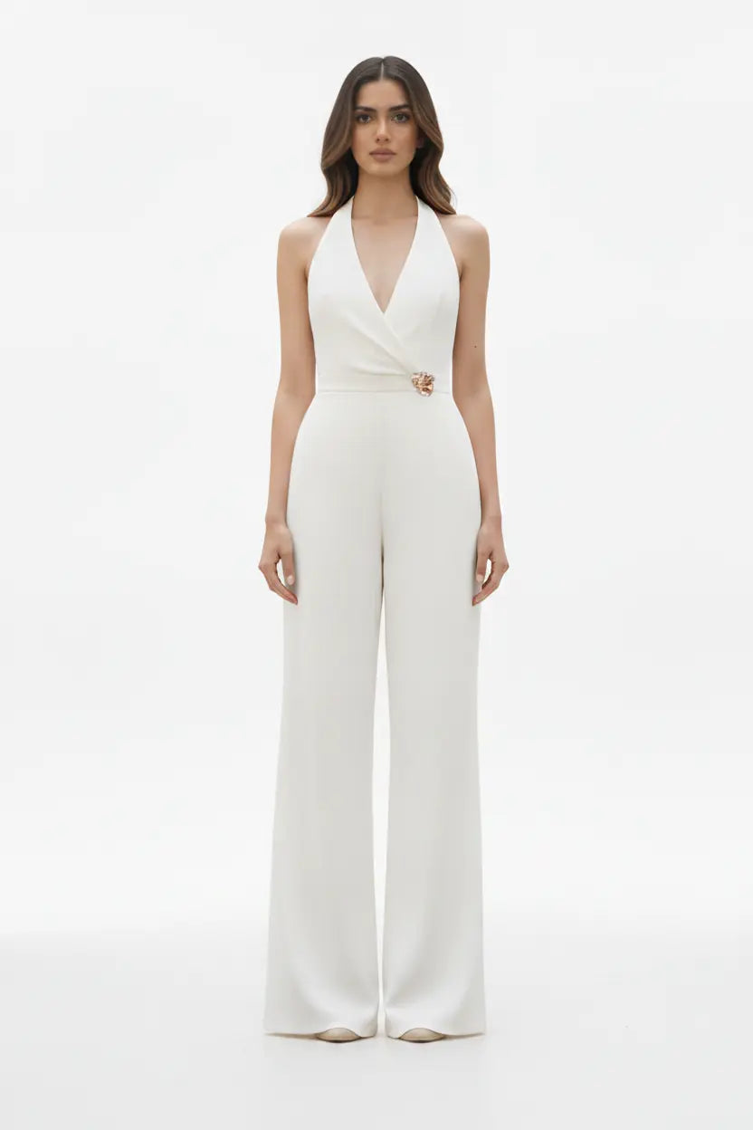 Ivory Halter Jumpsuit – Gold Brooch