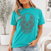 Floral Sugar Skull Graphic T-Shirt | Seafoam Teal Dia De Los Muertos Cotton Tee